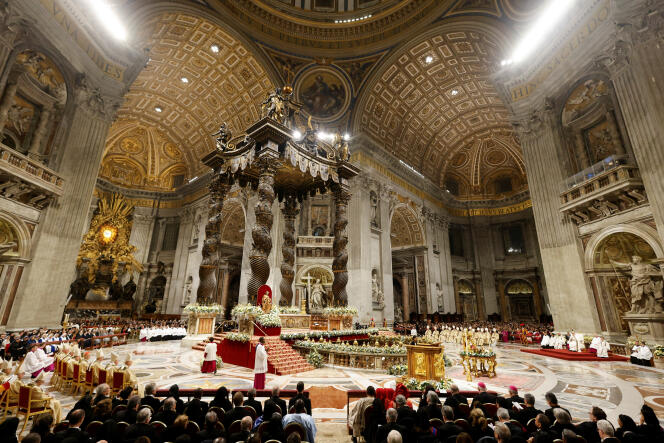 Pope Francis delivering Christmas mass in St. Peter's Basilica, Vatican, December 24, 2023.