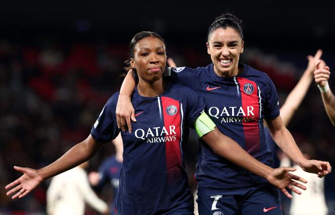 Grace Geyoro (left) and Sakina Karchaoui, players of the Paris Saint-Germain women's team, during their Champions League match against AS Roma, in Paris, December 14, 2023.