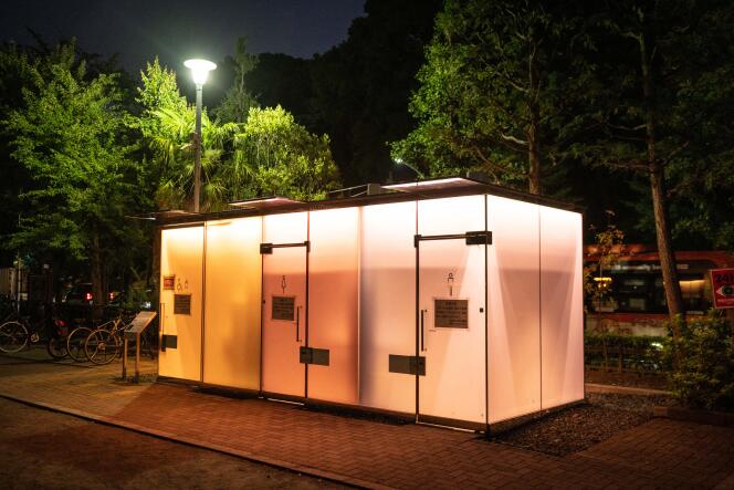 Public toilets designed by Japanese architect Shigeru Ban at Yoyogi Fukamachi Mini Park in Tokyo, June 2023. 