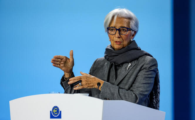 The President of the European Central Bank (ECB), Christine Lagarde, during a press conference on monetary policy at the premises of the ECB, in Frankfurt, December 14, 2023. 