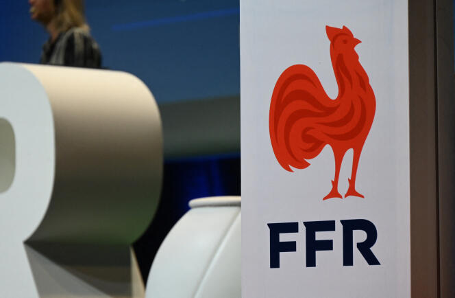 The logo of the French Rugby Federation, during the body's annual congress, at the Grand Palais in Lille, July 1, 2023.