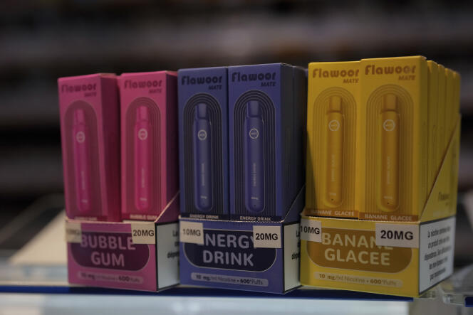 Disposable flavored electronic cigarettes, on the display of a French tobacco shop.