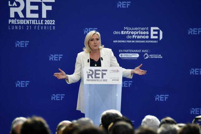 Marine Le Pen, then presidential candidate for the National Rally, presents her economic campaign program at Medef, in Paris, February 21, 2022.