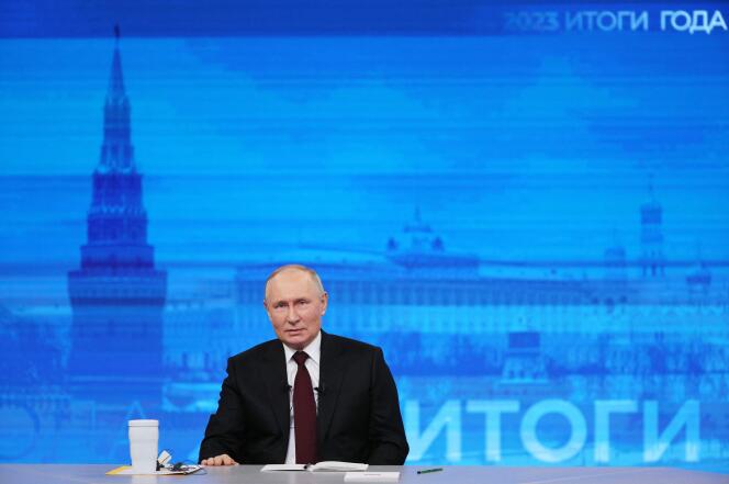 Russian President Vladimir Putin during his end-of-year press conference at the Gostiny-Dvor exhibition hall in Moscow, December 14, 2023. Photo provided by Russian state agency Sputnik.