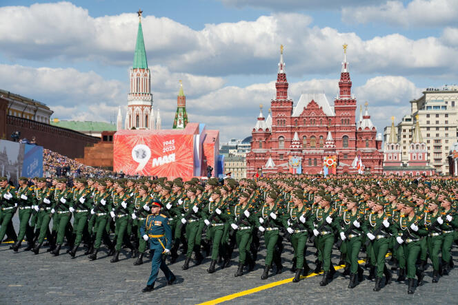 Russian servicemen take part in a parade on Moscow's Red Square on May 9, 2023, on Victory Day, which marks the 78th anniversary of the victory over Nazi Germany in World War II.
