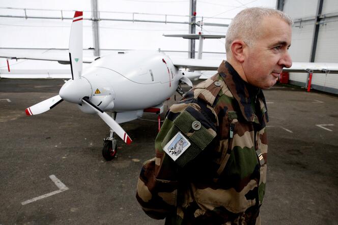 A French soldier next to the Patroller drone manufactured by Safran Electronics & Defense during the inauguration of the French army's combat drone school in Chaumont-Semoutiers (Haute-Marne), October 26, 2023.