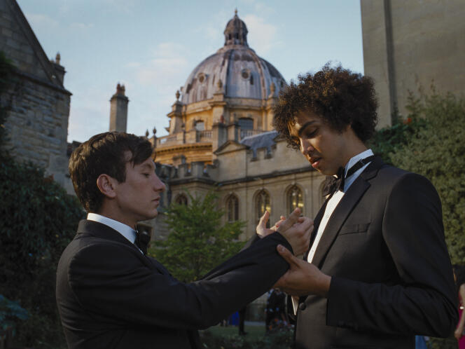 Oliver Quick (Barry Keoghan) and Farleigh Start (Archie Madekwe) in “Saltburn,” by Emerald Fennell.