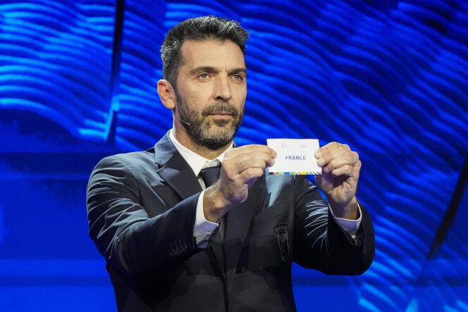Former Italian international goalkeeper, Gianluigi Buffon, presents France's paper during the draw for Euro 2024, December 2, 2023, in Hamburg.