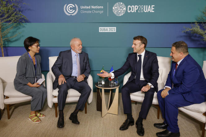French Presidents Emmanuel Macron and Brazilian Presidents Luiz Inacio Lula da Silva, during a bilateral meeting on the sidelines of COP28, in Dubai, December 2, 2023.