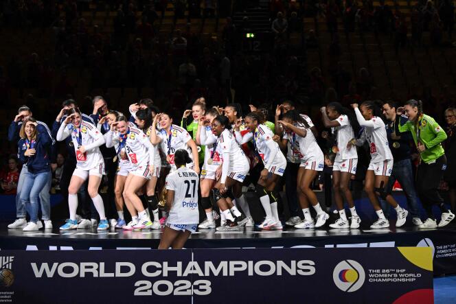 French handball players celebrate by dancing their victory in the World Cup final against Norway, in Herning (Denmark), December 17, 2023.