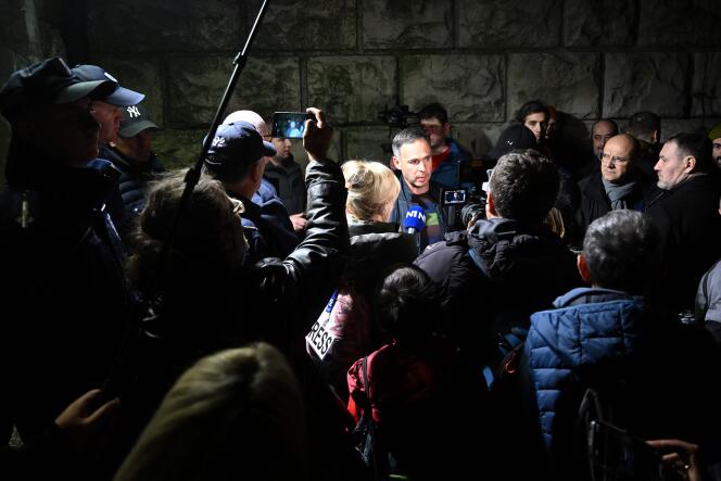   One of the leaders of the Serbian opposition coalition Serbia Against Violence, Miroslav Aleksic, speaks to the media on the sidelines of a demonstration on December 25, 2023.