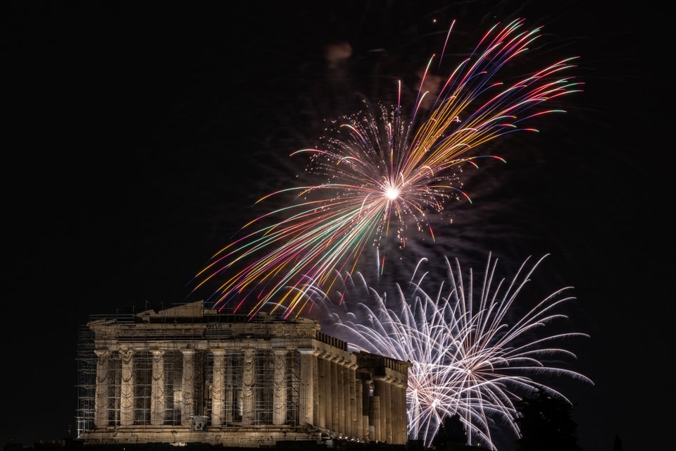 Fireworks over Acropolis Hill in Athens, Greece.