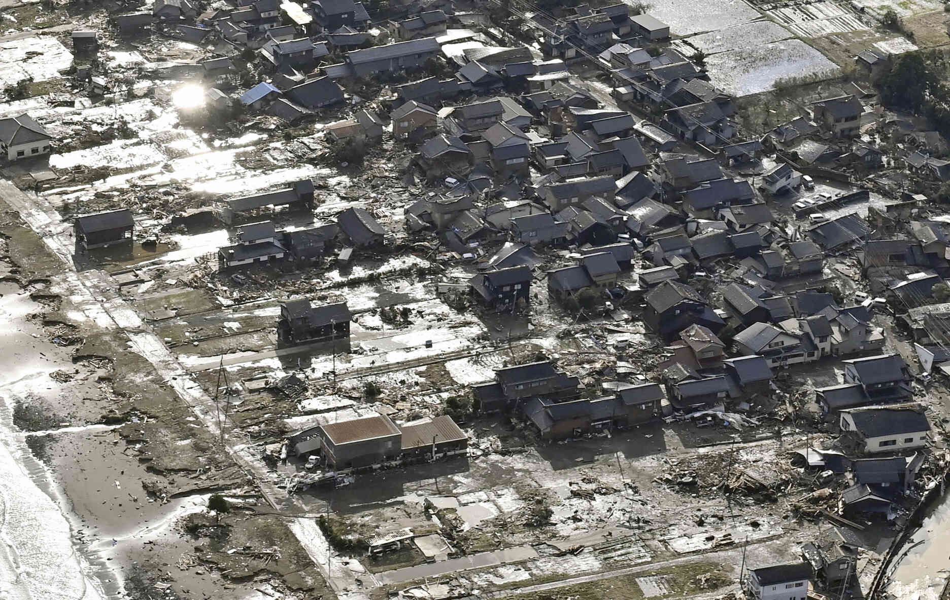 Destroyed houses along the coast in Suzu, Ishikawa Prefecture, Japan, January 2, 2024.