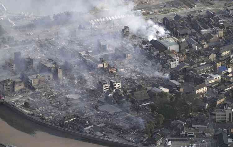 Smoke rises from the site of a fire following the earthquakes in Wajima, Ishikawa Prefecture, Japan, January 2, 2024.