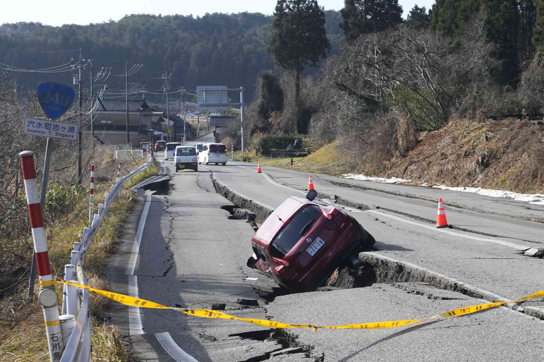 On a partially collapsed road near the town of Anamizu, Ishikawa Prefecture, Japan, January 2, 2024.