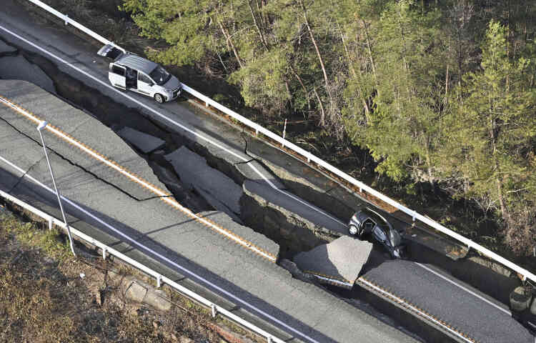 A road damaged by earthquakes in Anamizumachi, Ishikawa Prefecture, Japan, January 2, 2024. 