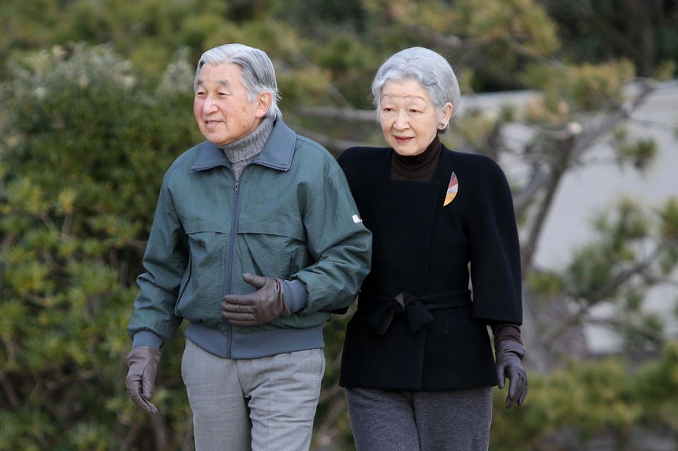 The Emeritus Imperial Couple Akihito and Michiko at a photo shoot in February 2015 in southern Tokyo.