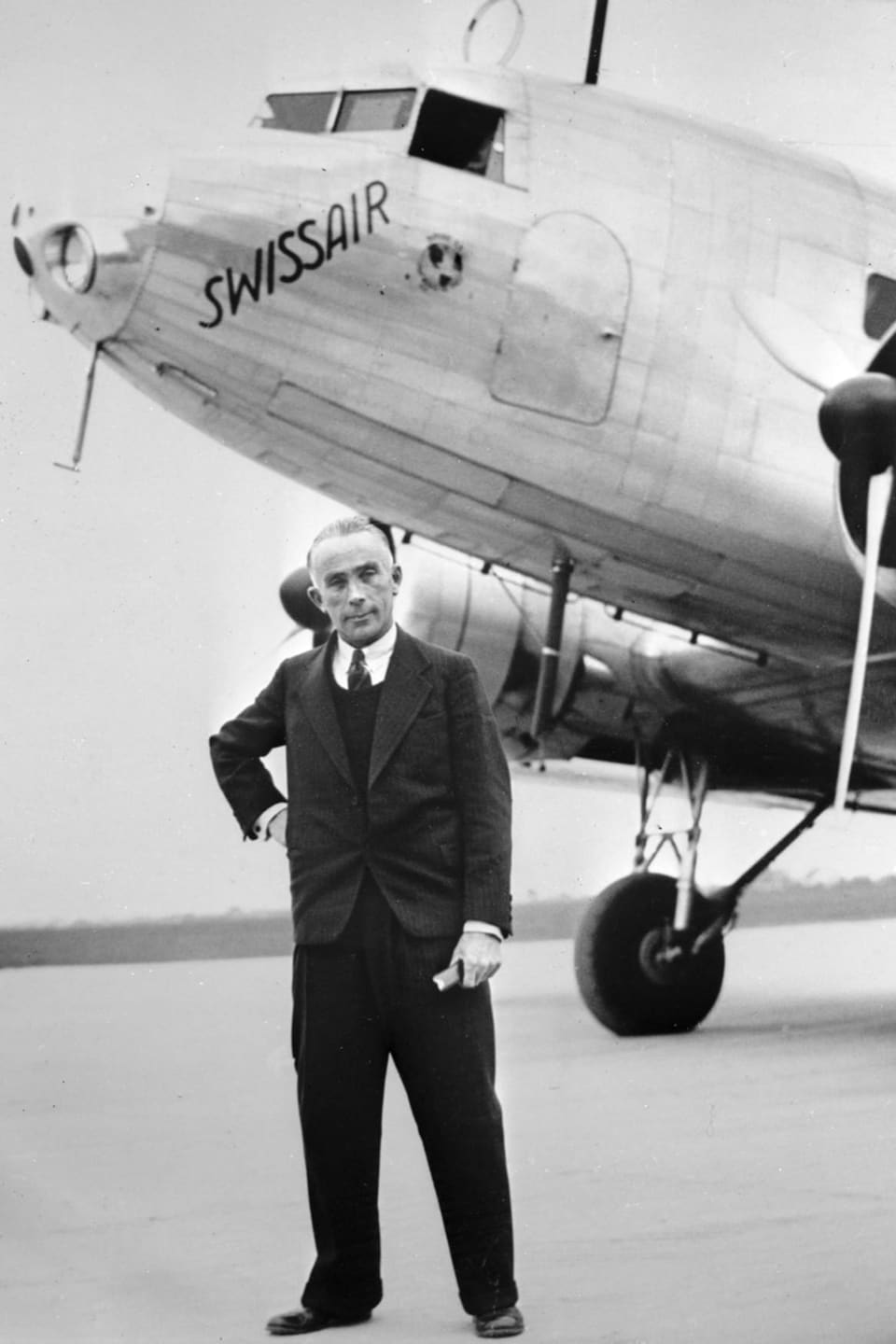 Aviation pioneer Walter Mittelholzer in front of the first Swissair DC-3 aircraft in an undated photo.