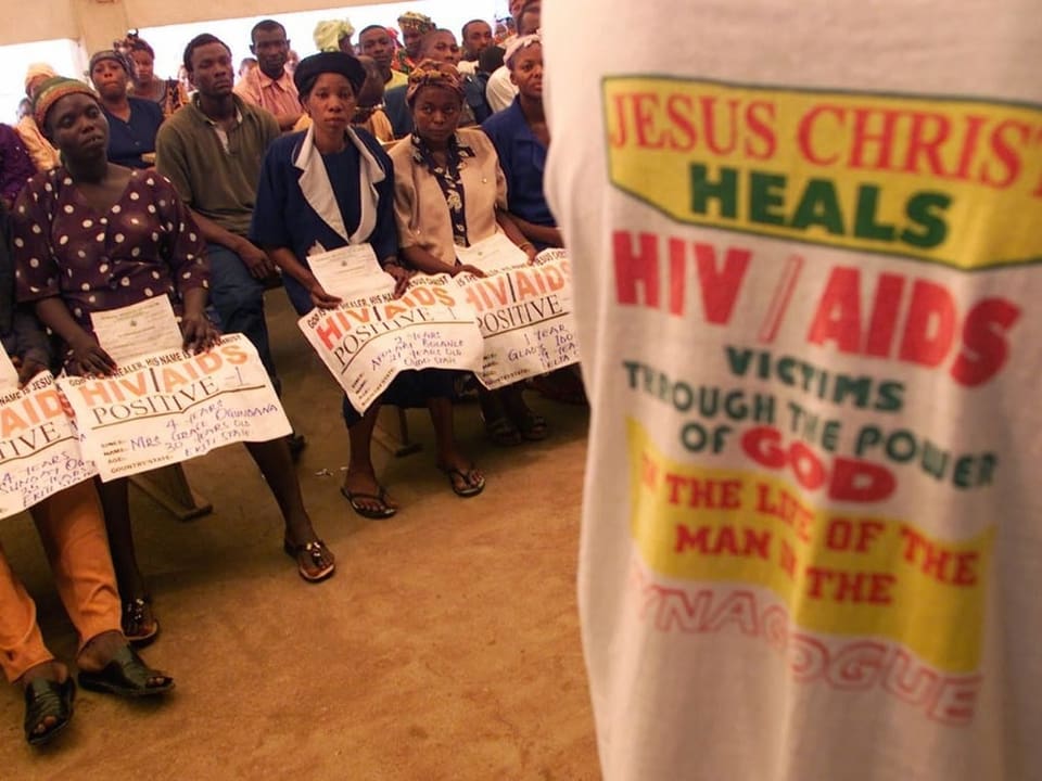 AIDS sufferers wait for healing from JP Joshua (2001 in Lagos).