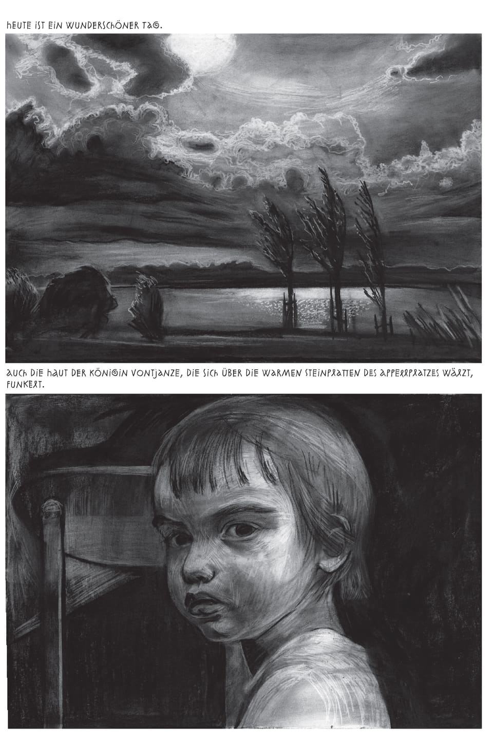 Black and white comic drawing with two images, a gloomy landscape and a toddler with sad eyes
