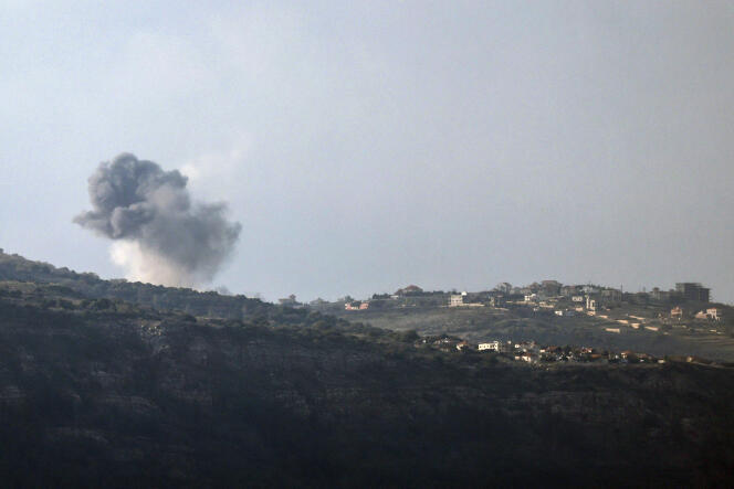 Israeli bombing in Houla, a Lebanese village, seen from an Israeli position along the border, January 16, 2024.