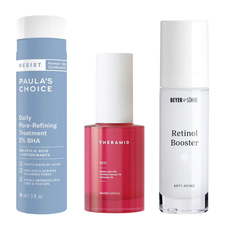 1. For the glow: “Daily Pore-Refining Treatment 2% BHA” from Paula's Choice, approx.  41 euros.  2. Against spots: “Azid” from Theramid, around 35 euros, via nichebeautylab.com, 3. Anti-Age: “Retinol Booster” from Beyer & Söhne, around 50 euros.