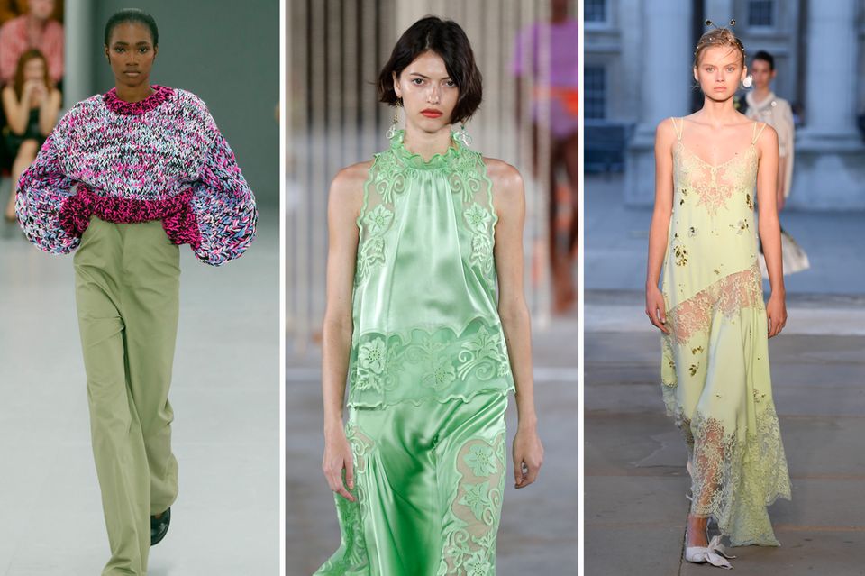 From left to right: Impressions of the spring and summer 2024 collections from Loewe, Ulla Johnson and Erdem.