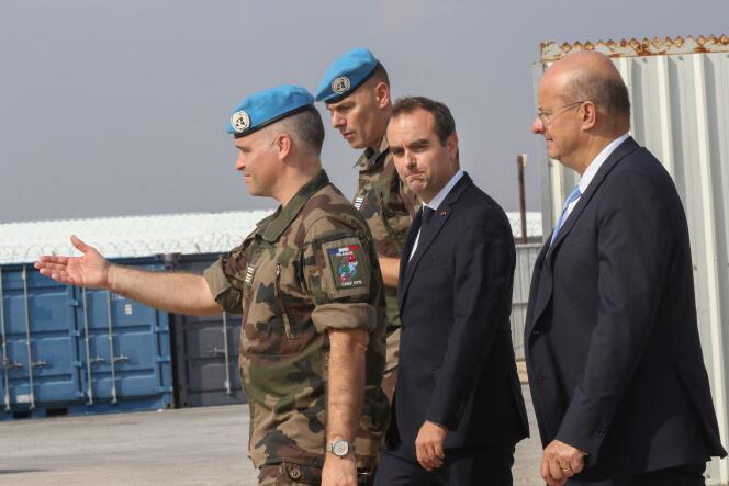 French Minister of the Armed Forces Sébastien Lecornu visits the base of the French contingent of the United Nations Interim Force in Lebanon (UNIFIL) in the village of Deir Kifa, southern Lebanon, on November 2, 2023.