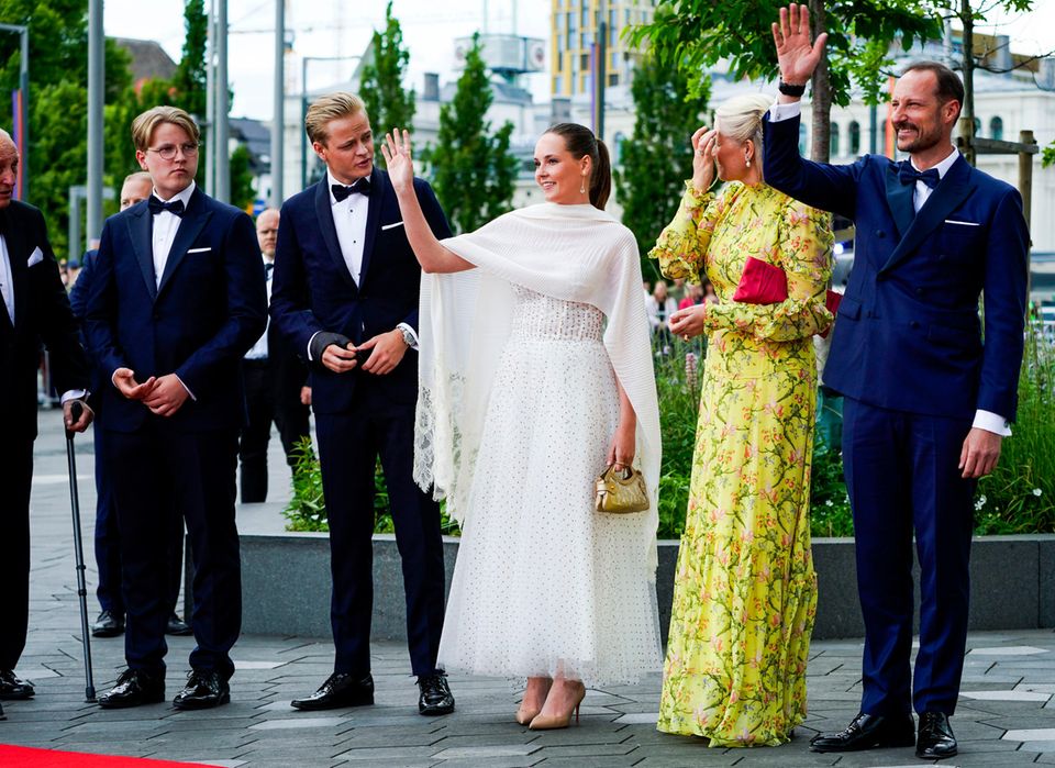Prince Sverre Magnus, Marius Borg Hoeiby, Princess Ingrid Alexandra, Crown Princess Mette-Marit and Crown Prince Haakon for dinner at the government event to mark Princess Ingrid Alexandra's 18th birthday in Oslo.