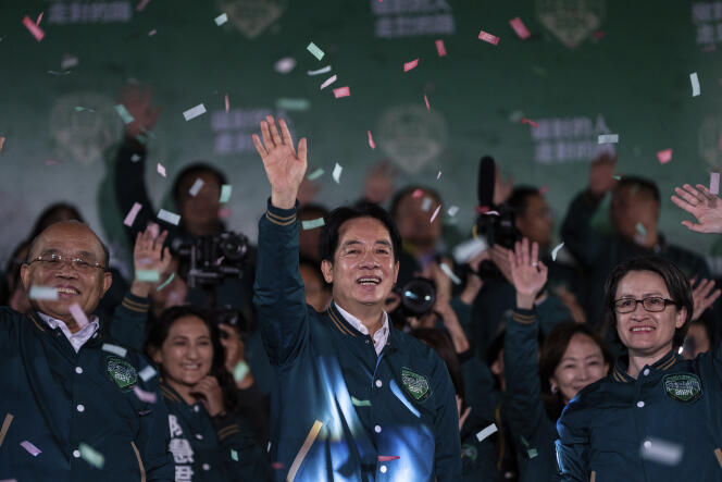 Taiwanese Vice President Lai Ching-te celebrates his victory with his running mate Hsiao Bi-khim in Taipei, the Taiwanese capital, Saturday, January 13, 2024.