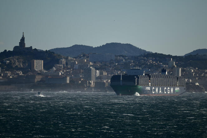 The “CMA CGM Palais Royal”, the largest container ship in the world, in the Bay of Marseille, December 14, 2023.