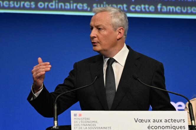 The Minister of Economy and Finance, Bruno Le Maire, during his wishes for the new year at the Ministry of the Economy, in Paris, January 8, 2024.  