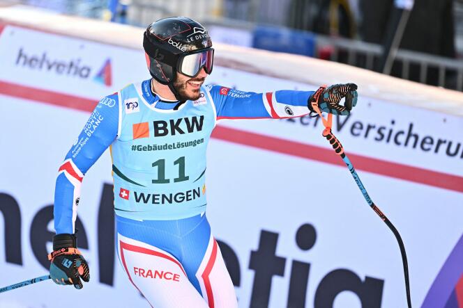 Frenchman Cyprien Sarrazin, crossing the finish line of the downhill in Wengen (Switzerland), January 11, 2024.