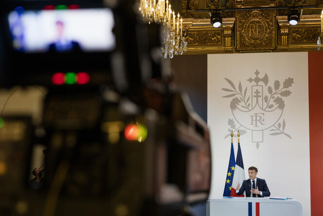 Emmanuel Macron, during his press conference, at the Elysée, in Paris, January 16, 2024.