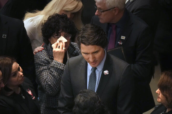 Canadian Prime Minister Justin Trudeau during a ceremony in memory of the victims of Flight PS752, January 8, 2024, in Richmond Hill, Ontario.