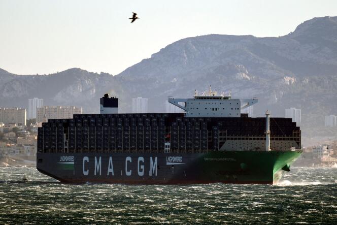 The “CMA CGM Palais Royal”, the largest container ship in the world powered by natural gas, sails in the Bay of Marseille, December 14, 2023.