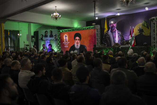 Rebroadcast of a speech by Hezbollah leader Hassan Nasrallah in Khirbet Selm (Lebanon), January 14, 2024.