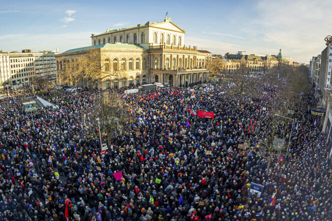 Rally at Opernplatz in Hannover, Germany, January 20, 2024, as part of nationwide protests against right-wing extremism. 