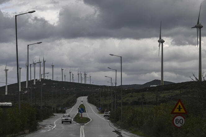 A wind farm along the road on the island of Evia, Greece, February 3, 2022.  