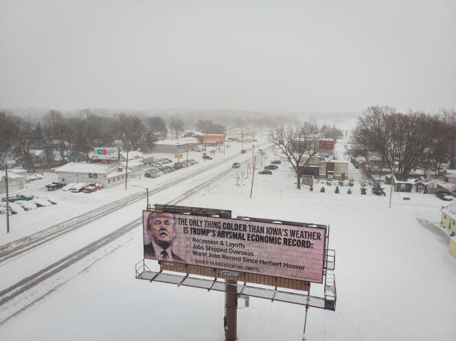 A Democratic Party-funded billboard reading: “The only thing worse than the weather in Iowa is Donald Trump's economic record,” in Des Moines, Iowa, January 13, 2024.