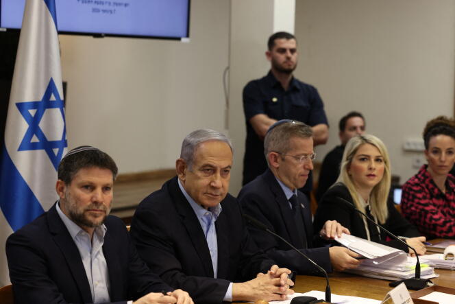 Israeli Prime Minister Benjamin Netanyahu during the weekly cabinet meeting at the Defense Ministry in Tel Aviv, January 7, 2024.