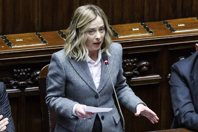 The President of the Italian Council, Giorgia Meloni, speaks in front of the Chamber of Deputies, in Rome, January 24, 2024.