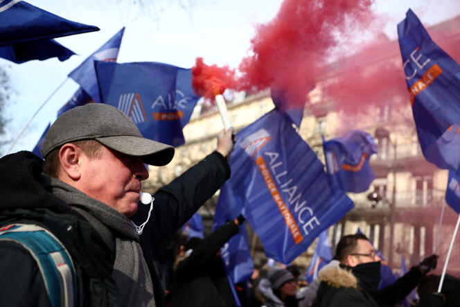 Police officers from the Alliance union, during a rally to express their concerns and demand compensation regarding the security of the Olympic Games, in Paris, January 18, 2024.