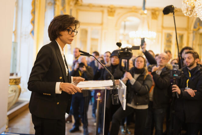 Rachida Dati during the transfer of power with outgoing minister, Rima Abdul Malak, at the Ministry of Culture, in Paris, January 12, 2024. 