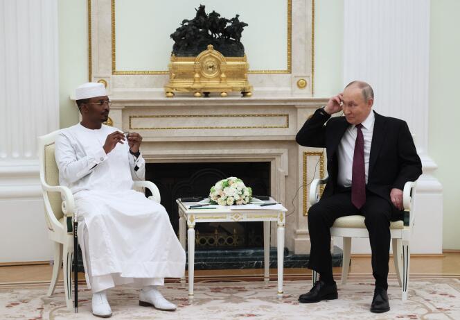 Chadian transitional President Mahamat Idriss Déby and Russian President Vladimir Putin at the Kremlin in Moscow on January 24, 2024.