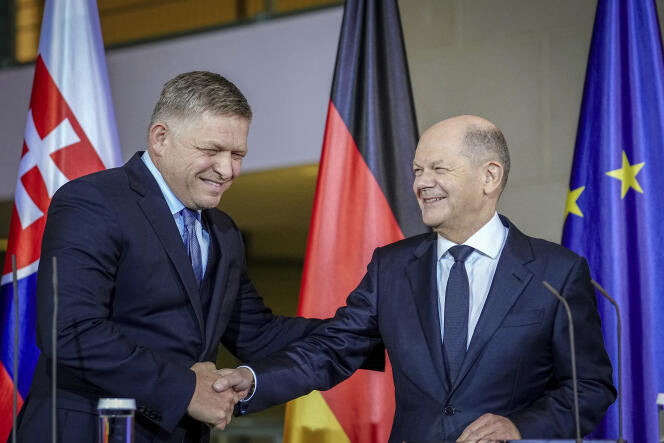 German Chancellor Olaf Scholz and Slovak Prime Minister Robert Fico after a joint press conference at the Chancellery in Berlin, Germany, January 24, 2024.