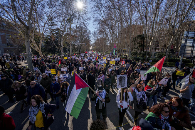 Spanish demonstrators demand an immediate ceasefire in Gaza, Saturday January 20, 2024, in the center of Madrid.