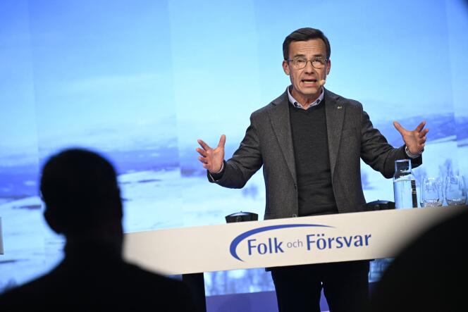 Swedish Prime Minister Ulf Kristersson speaks at the National Conference on People and Defense in Sälen, Sweden, January 8, 2024. 