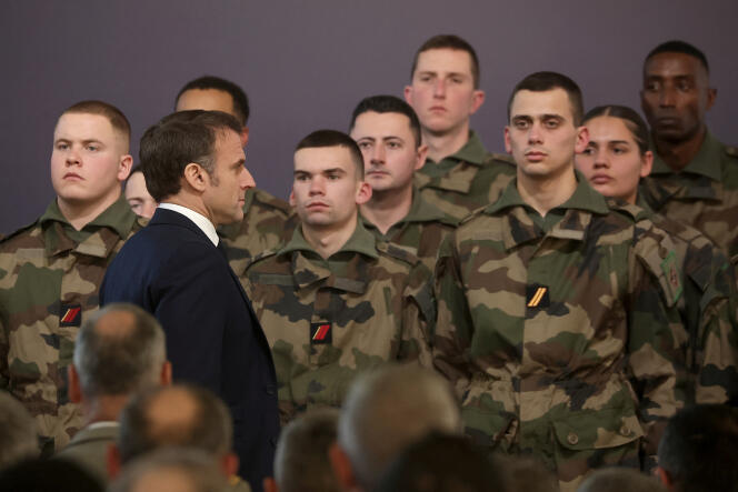 French President Emmanuel Macron visits the Cherbourg naval base as part of his New Year's greetings to the French army, January 19, 2024.