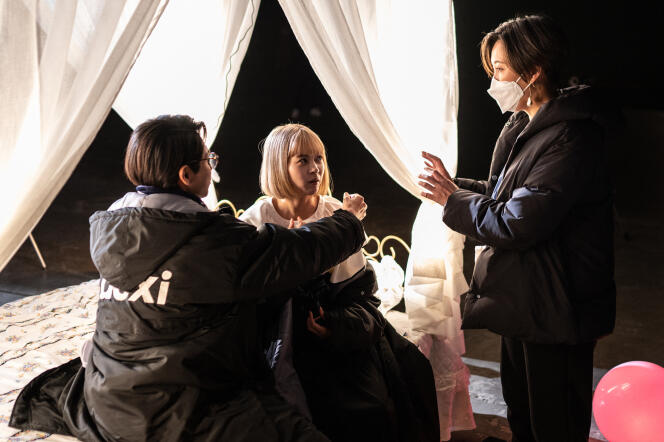 Intimacy coordinator Momoko Nishiyama (right) on the set of a movie scene in Kawasaki, Japan, February 2023.